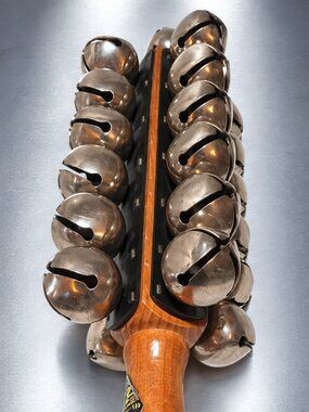 Vintage Cosmic Percussion Handheld Sleigh Bells Wooden Handle Jingle Instrument